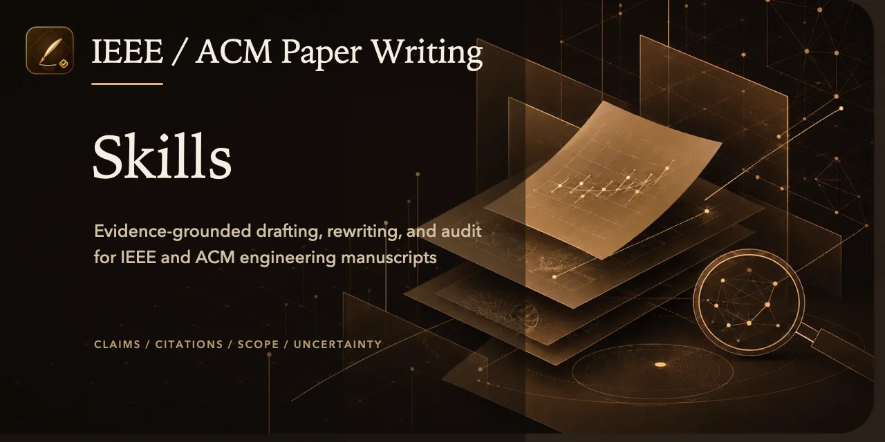 IEEE / ACM Paper Writing Skills social preview showing evidence-grounded manuscript drafting, rewriting, and audit