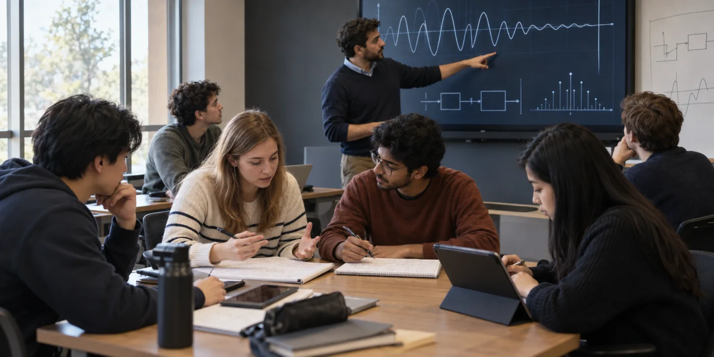 Engineering students work through a technical problem together while an instructor discusses signal plots at the front of the classroom.