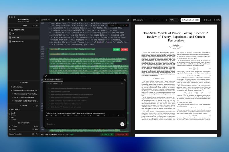 ClaudePrism workspace — main.tex editor with proposed changes to accept or reject, live PDF preview, and an inline Claude Code chat