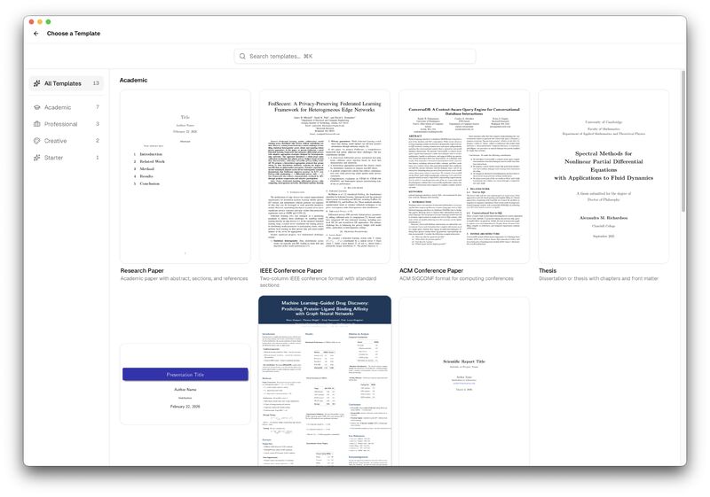 Template picker — research paper, IEEE conference, ACM conference, thesis, and presentation starters