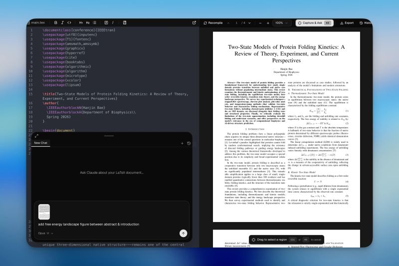 Capture & Ask — selecting a region of the compiled PDF and asking Claude about it
