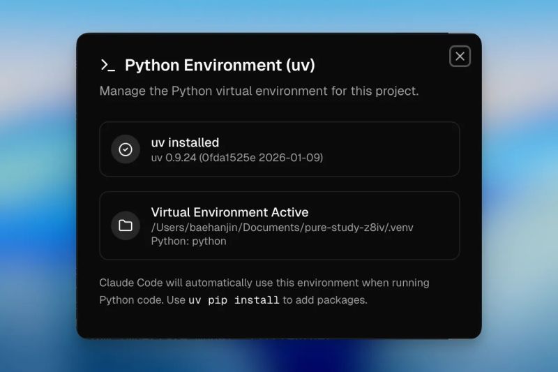 Built-in Python environment — uv-managed virtual environment active for the project