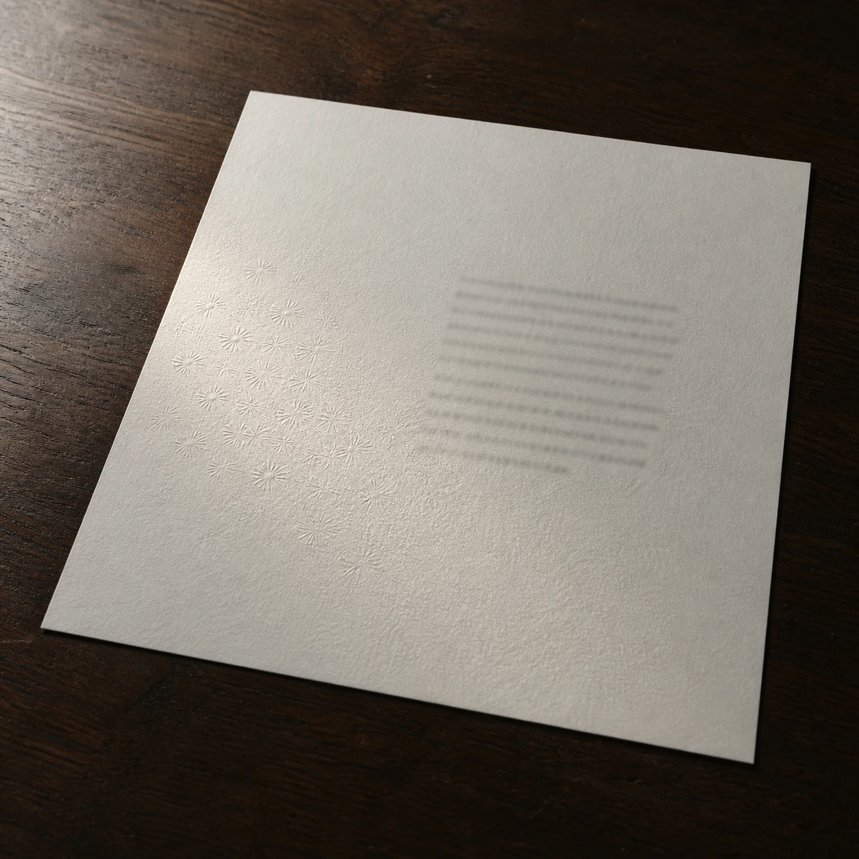 A sheet of textured white paper with a subtle embossed pattern and faint lines, photographed on a dark wooden surface
