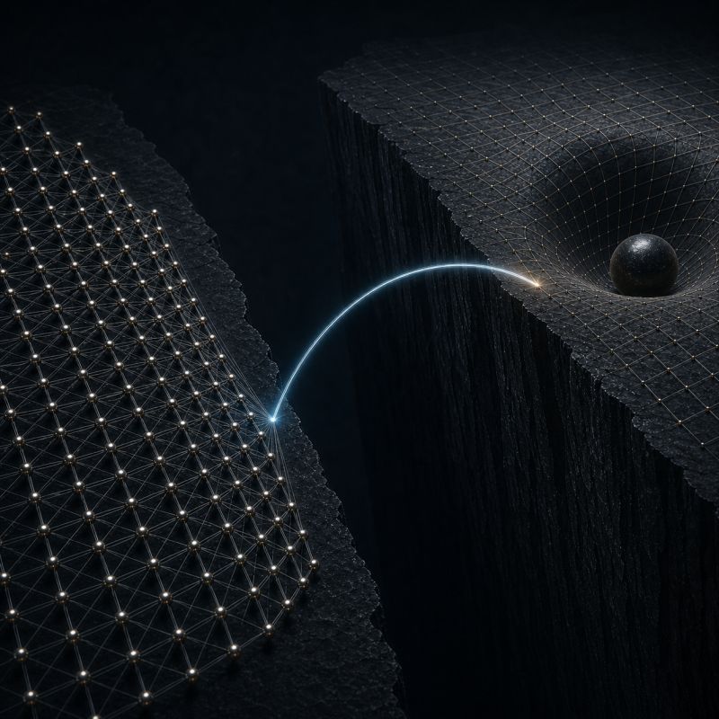 A glowing arc crosses a gap between a dense network and a curved grid holding a dark sphere