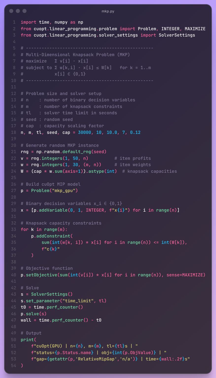 mkp.py — a 54-line Python script building the multi-dimensional knapsack model with cuopt.linear_programming: 30000 binary variables and 10 capacity constraints over a random instance, a maximize objective, a 10-second time limit, and a print of status, objective value, MIP gap, and wall-clock time