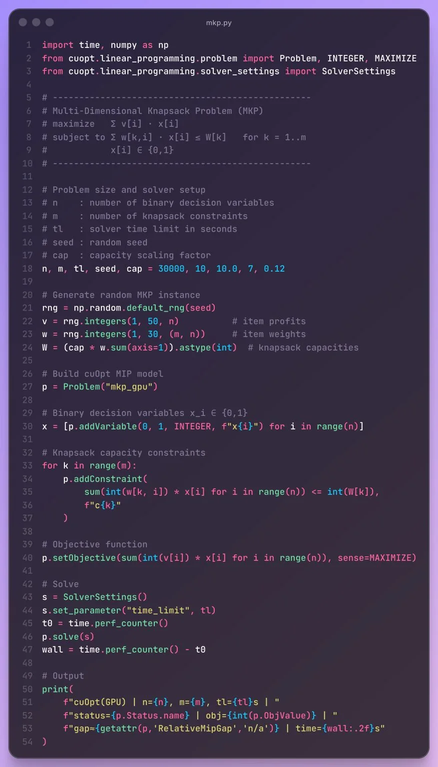 mkp.py — a 54-line Python script building the multi-dimensional knapsack model with cuopt.linear_programming: 30000 binary variables and 10 capacity constraints over a random instance, a maximize objective, a 10-second time limit, and a print of status, objective value, MIP gap, and wall-clock time