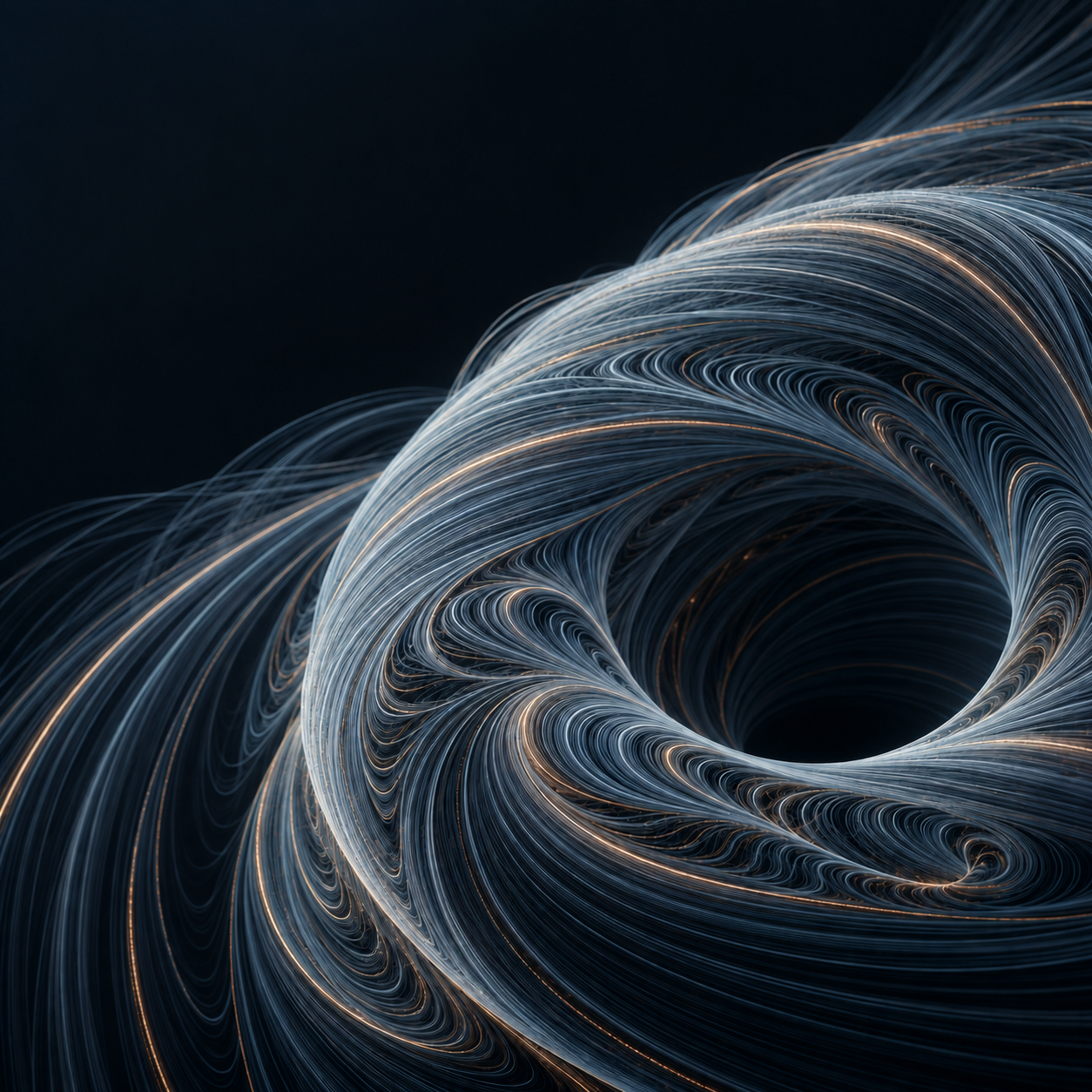 Abstract illustration of fine streamlines forming a three-dimensional vortex