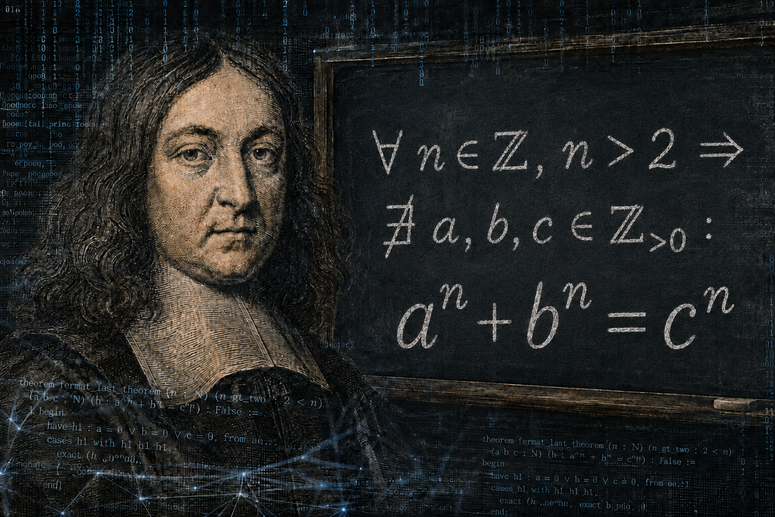 Portrait of Pierre de Fermat beside a chalkboard showing the statement of Fermat's Last Theorem and a^n + b^n = c^n