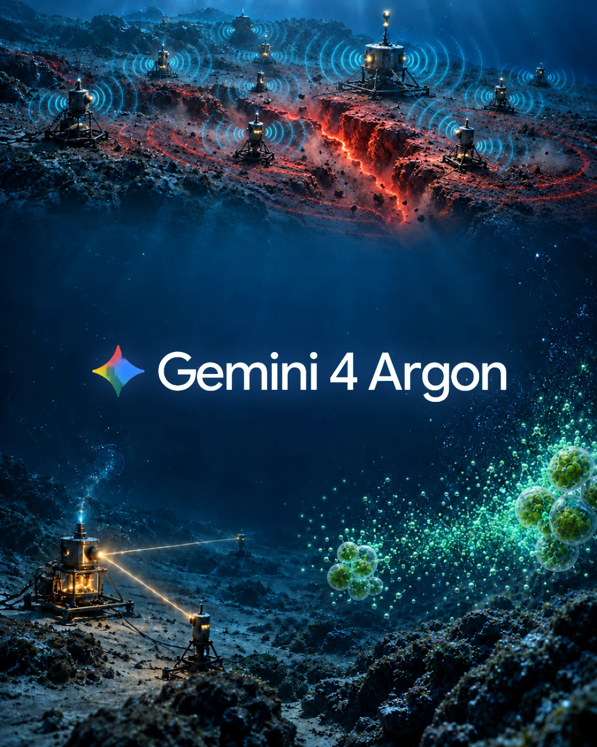 Gemini 4 Argon title over an underwater scene: seabed sensor nodes emitting acoustic rings around a glowing red fault line at the top, and at the bottom a seabed node linked by light beams to two others next to clusters of green algae cells.