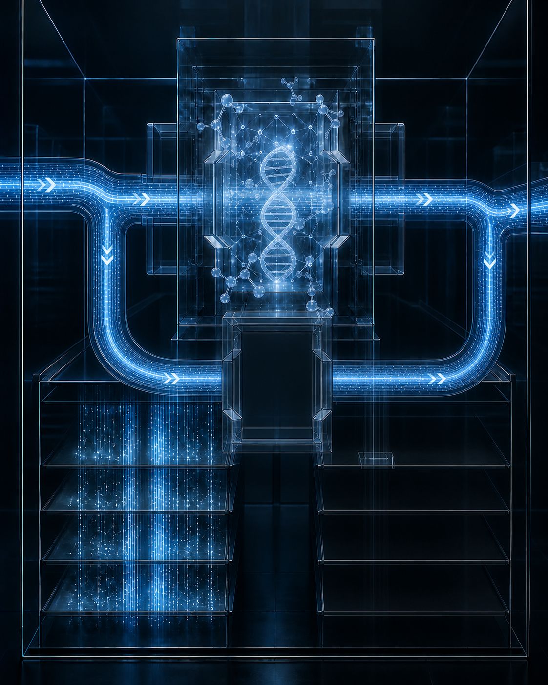 A stylized glass control system with a DNA helix and data flows, illustrating biological-risk safety controls