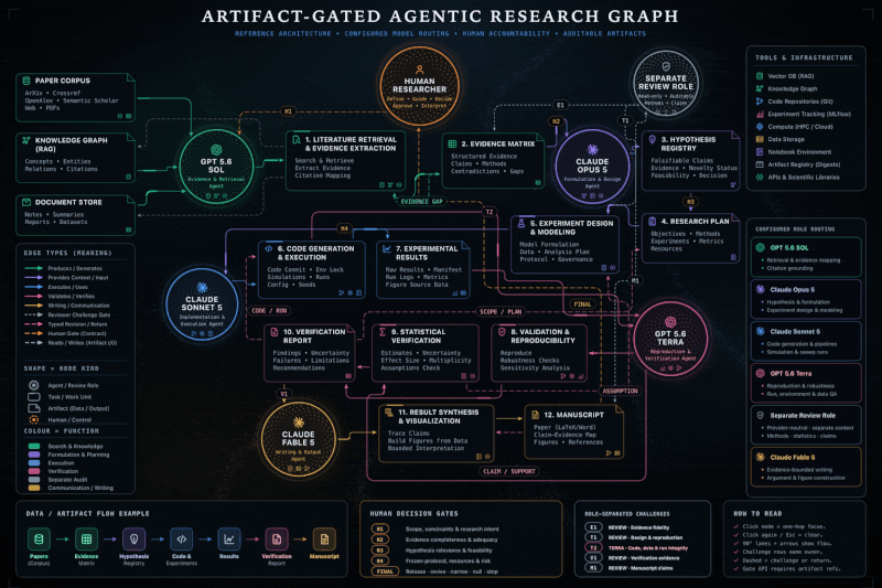 Diagram showing files, checks, roles, and revision paths connected in a research provenance graph