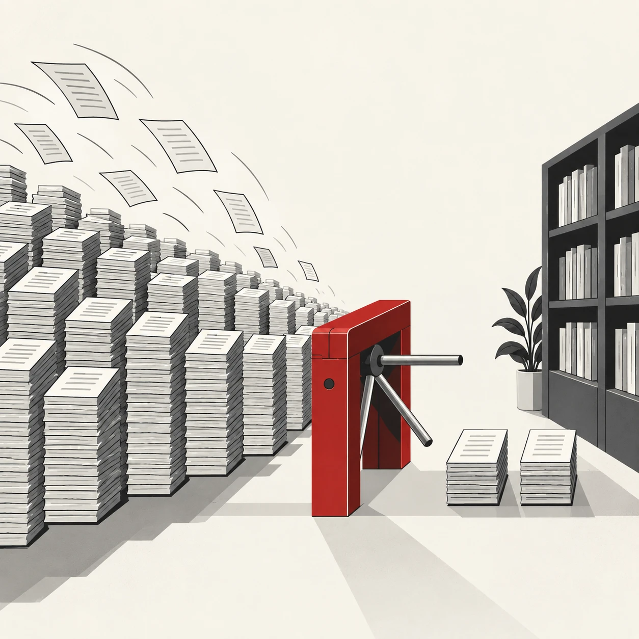 Illustration of a red turnstile between a large field of tall manuscript stacks with loose pages flying overhead and a bookshelf on the other side; only two small stacks have passed through the turnstile.